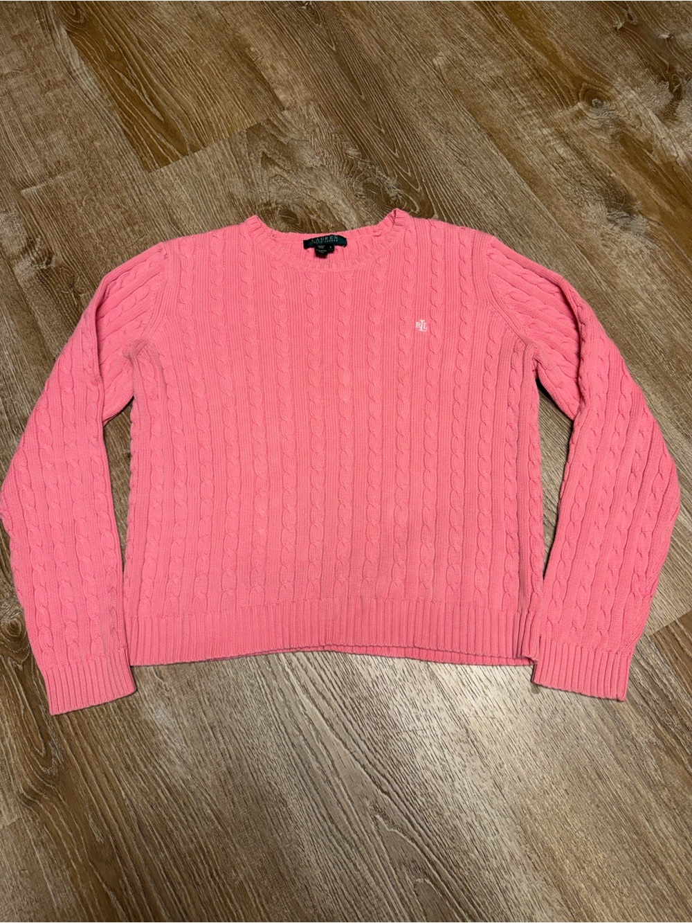 Ralph Lauren Women’s Large Pink Cable Knit 100% Cotton Sweater RL
